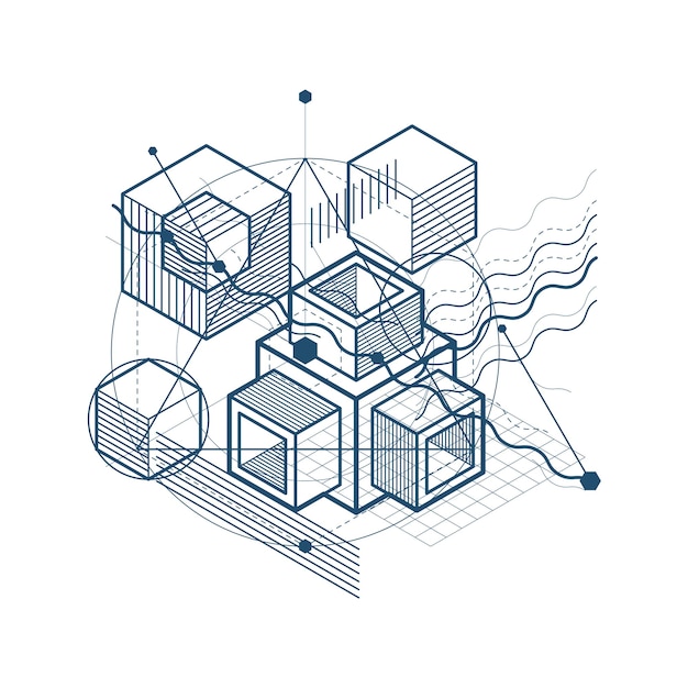 Abstraktes design mit 3d-linearen maschenformen und figuren, vektorisometrischer hintergrund. würfel, sechsecke, quadrate, rechtecke und verschiedene abstrakte elemente.