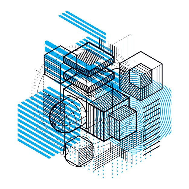 Abstraktes Design mit linearen 3D-Netzformen und -figuren, vektorisometrischer Hintergrund. Würfel, Sechsecke, Quadrate, Rechtecke und verschiedene abstrakte Elemente.