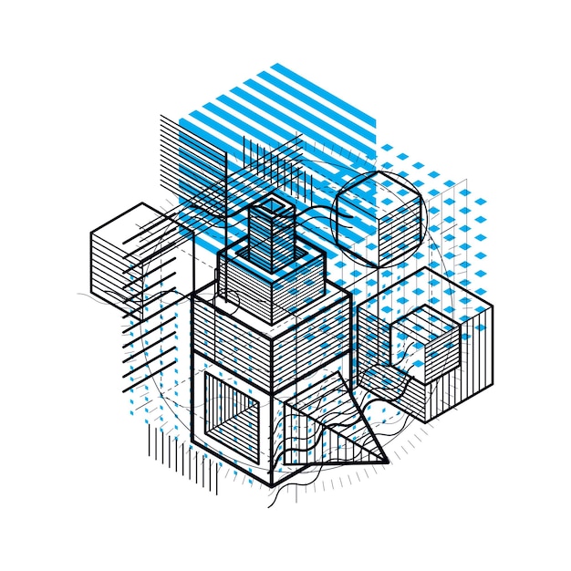 Abstraktes Design mit linearen 3D-Netzformen und -figuren, vektorisometrischer Hintergrund. Würfel, Sechsecke, Quadrate, Rechtecke und verschiedene abstrakte Elemente.