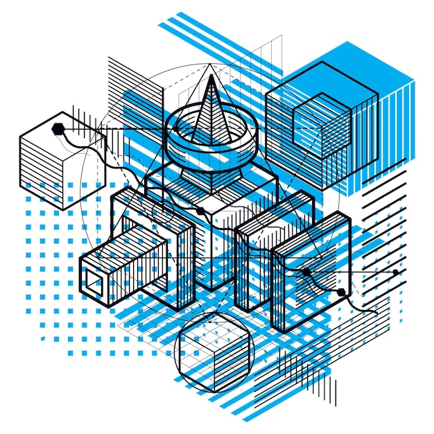 Abstraktes Design mit linearen 3D-Netzformen und -figuren, vektorisometrischer Hintergrund. Würfel, Sechsecke, Quadrate, Rechtecke und verschiedene abstrakte Elemente.