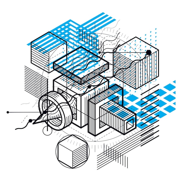Abstraktes Design mit linearen 3D-Netzformen und -figuren, vektorisometrischer Hintergrund. Würfel, Sechsecke, Quadrate, Rechtecke und verschiedene abstrakte Elemente.