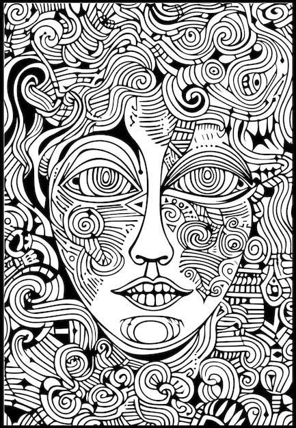 Vektor abstraktes frauengesicht in linien im maori-kunststil und geometrischer kunst in schwarz und weiß