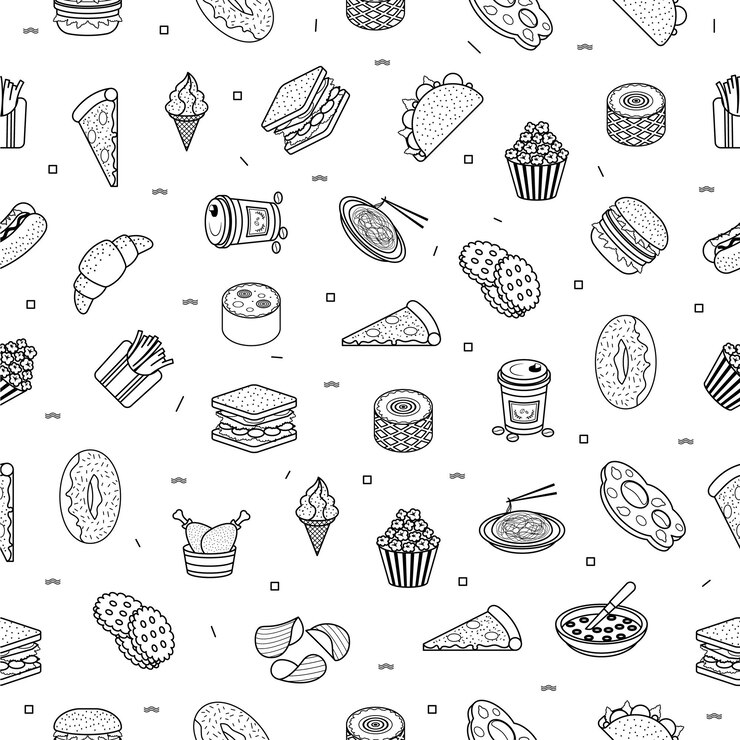 Abstraktes Gekritzel-nahtloses Muster Hand gezeichnete Schnellimbiss-Elemente Omelett-Tacos-Hamburger-Sandwich