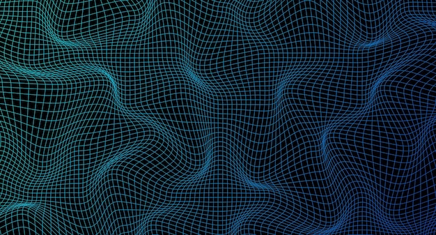Abstraktes gewelltes 3D-Netz. Geometrische dynamische Welle. Verzerrtes quadratisches Gitter. Verzogene Netztextur. Wireframe-Wellengeometriegitter. Vektorillustration