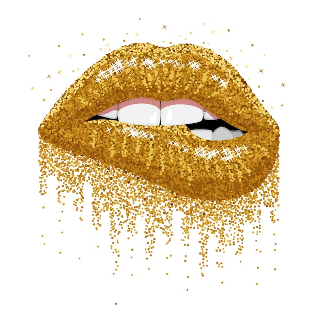 Abstraktes Glitzergold funkelt Open Mouth mit farbigem Farbfluss, glänzenden Lippen beißen