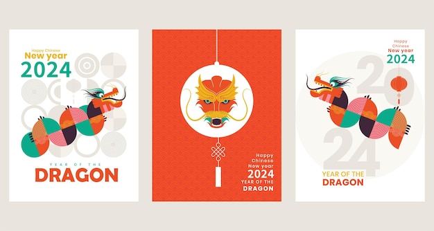 Abstraktes ikonisches buntes Set von drei Grußkarten-Designs zum chinesischen Neujahr, Jahr des Drachen