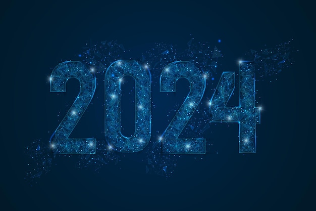 Abstraktes, isoliertes blaues Bild der Neujahrszahl 2024. Polygonale Low-Poly-Drahtgitter-Illustration sieht aus wie Sterne am blaskigen Nachthimmel in spase oder fliegenden Glasscherben. Digitales Web-Internet-Design