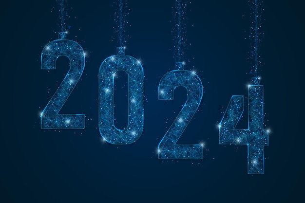 Abstraktes, isoliertes blaues Bild der Neujahrszahl 2024. Polygonale Low-Poly-Drahtgitter-Illustration sieht aus wie Sterne am blaskigen Nachthimmel in spase oder fliegenden Glasscherben. Digitales Web-Internet-Design