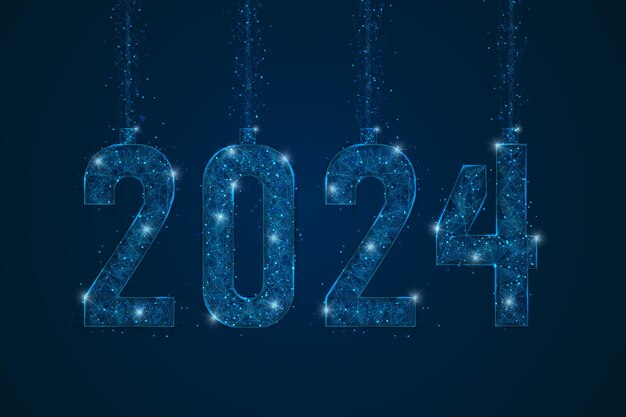 Abstraktes, isoliertes blaues Bild der Neujahrszahl 2024. Polygonale Low-Poly-Drahtgitter-Illustration sieht aus wie Sterne am blaskigen Nachthimmel in spase oder fliegenden Glasscherben. Digitales Web-Internet-Design