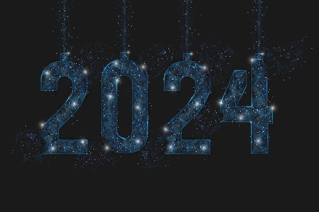 Abstraktes, isoliertes blaues Bild der Neujahrszahl 2024. Polygonale Low-Poly-Drahtgitter-Illustration sieht aus wie Sterne am blaskigen Nachthimmel in spase oder fliegenden Glasscherben. Digitales Web-Internet-Design