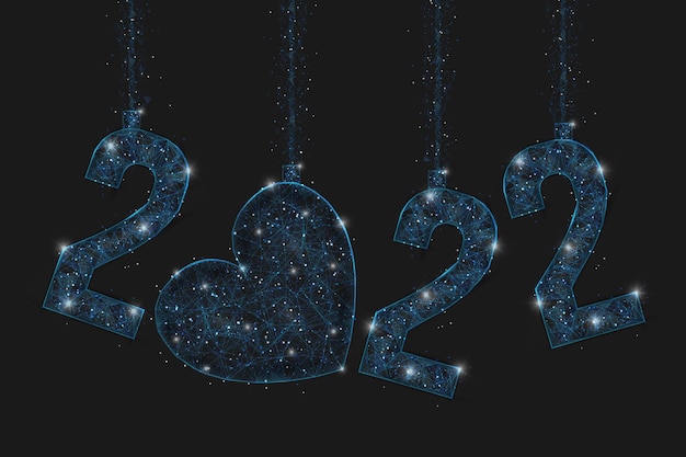 Abstraktes isoliertes blaues Bild des neuen Jahres Nummer 2022. Polygonale Low-Poly-Drahtmodell-Darstellung sieht aus wie Sterne am blassen Nachthimmel in Spase oder fliegenden Glasscherben. Digitales Web, Internetdesign.
