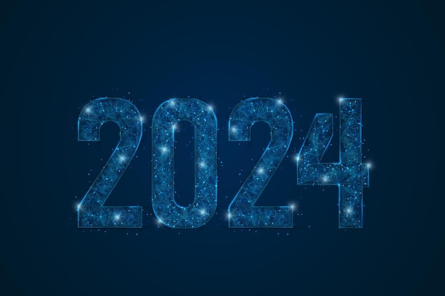 Abstraktes isoliertes blaues Bild des neuen Jahres Nummer 2024 Polygonal low poly wireframe Illustration sieht aus wie Sterne im blaskenden Nachthimmel im Raum oder fliegende Glasstücke Digitales Web-Internet-Design
