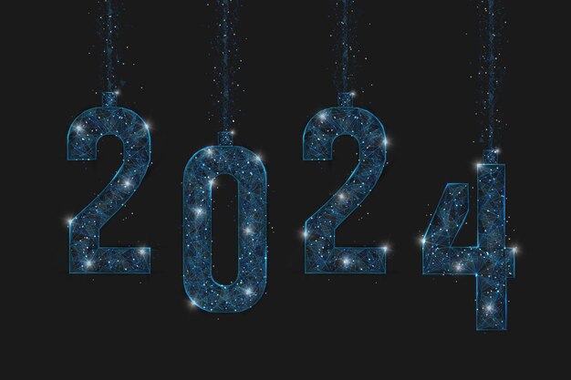 Abstraktes isoliertes blaues Bild des neuen Jahres Nummer 2024 Polygonal low poly wireframe Illustration sieht aus wie Sterne im blaskenden Nachthimmel im Raum oder fliegende Glasstücke Digitales Web-Internet-Design
