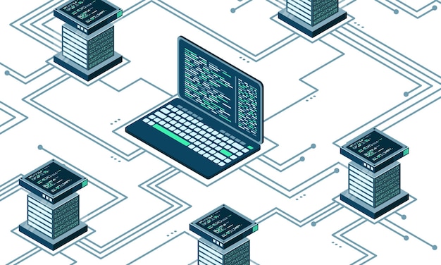 Vektor abstraktes isometrisches high-tech-konzept isometrische illustration des cloud-speichers großes rechenzentrum mit server serverraum vektorillustration
