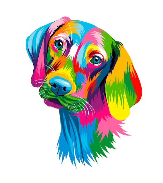 Abstraktes Kopfporträt eines ungarischen Vizsla-Hundes aus bunten Farben Farbige Zeichnung