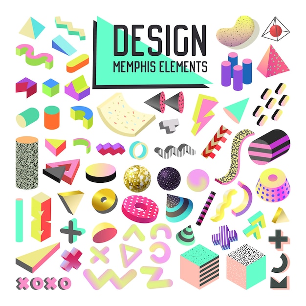 Abstraktes Memphis Style Design Elements Set. Sammlung geometrischer Formen mit 3D-Formen und Flüssigkeit
