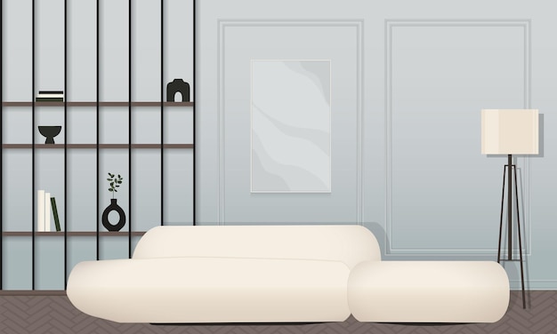 Vektor abstraktes minimales modernes wohnzimmer-interieurkonzept in pastellfarbigen blau- und dunkelholzfarben