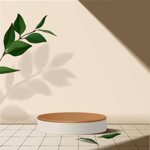 Abstraktes Minimalszenenpodium mit Blättern im sauberen Hintergrund für Produktpräsentationsdisplays
