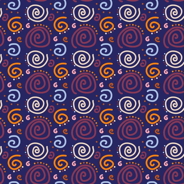 Abstraktes muster aus rosafarbenen, orangefarbenen, blauen, handgeschriebenen spiralen und punkten nahtloses vektorbild auf einem blau