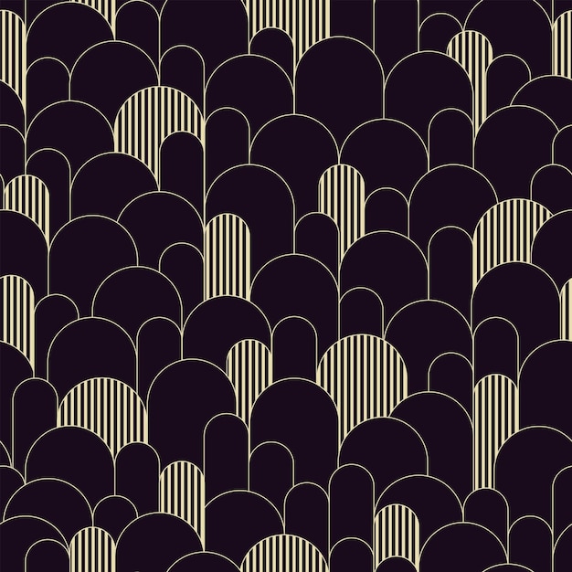 Vektor abstraktes nahtloses muster im art-deco-retro-stil geometrischer vektorhintergrund der nostalgischen weinlese mit bögen und streifen dunkle farben und goldlinie kunstillustration stoff-papier-briefpapiertapete