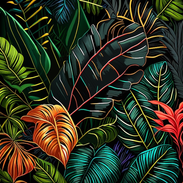 Vektor abstraktes nahtloses tropisches muster mit leuchtenden pflanzen und blättern auf schwarzem hintergrund