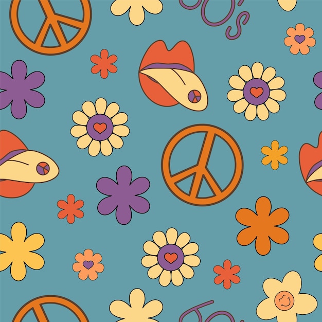 Abstraktes, nahtloses Vektormuster in groovy Retro-Stil mit handgezeichneten Retro-Elementen