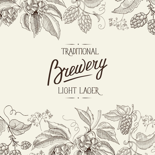 Abstraktes natürliches botanisches Lichtplakat mit kalligraphischer Inschrift und Bierhopfen-Kräuterpflanzen im Weinlesestil