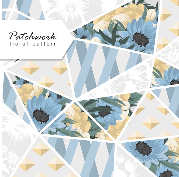 Abstraktes patchwork mit blauen blumen