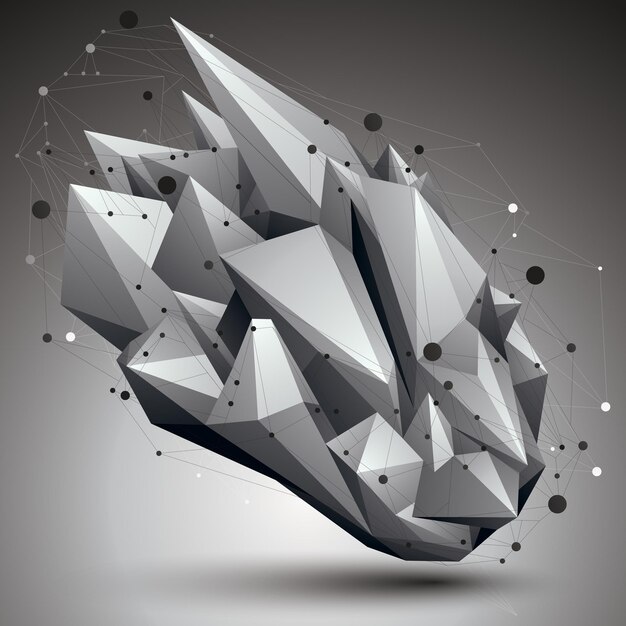 Abstraktes polygonales Netzwerkobjekt mit 3D-Struktur, verformte Graustufenfigur.