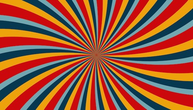 Abstraktes, retro, groovy, farbenfrohes, Sonnenstrahlmuster, gestreift, gedreht, verdreht, Vintage-Hintergrundtextur aus den 70ern.
