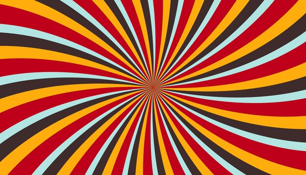 Abstraktes, retro, groovy, farbenfrohes, Sonnenstrahlmuster, gestreift, gedreht, verdreht, Vintage-Hintergrundtextur aus den 70ern.