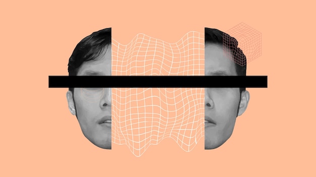 Abstraktes surrealistisches Porträt mit verzerrtem 3D-Gittermesh und kubischen Elementen