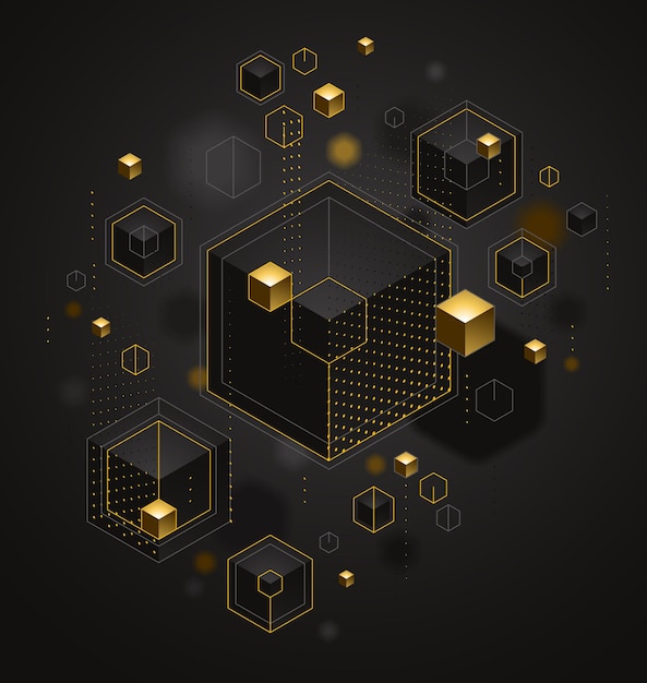 Abstraktes Vektordesign mit Cluster von 3D-Würfeln mit goldenen Elementen, Vektordesign, luxuriöser Farbstil, edles, elegantes geometrisches Design des Schmucks, glänzende goldene realistische Abstraktion.