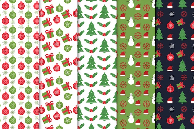 Abstraktes Weihnachtsmusterbündel mit grün-weißem und dunklem Hintergrund. Abstrakte Weihnachtsmusterkollektion mit Geschenken und Blättern. Nahtloses Musterset-Design mit weihnachtlichem Elementvektor