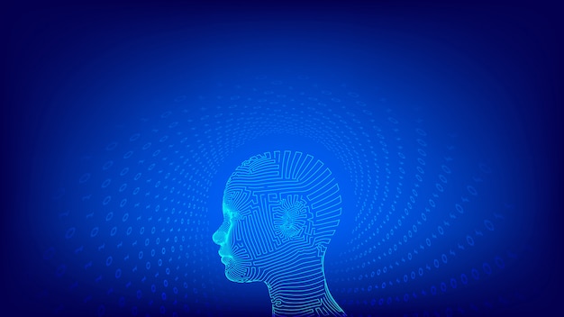 Abstraktes wireframe digitales menschliches Gesicht. AIHuman-Kopf in der Interpretation des digitalen Computers des Roboters.
