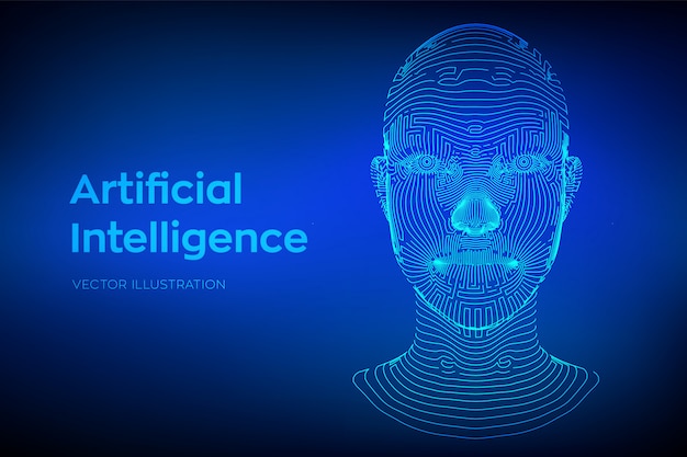 Abstraktes wireframe digitales menschliches Gesicht. Menschlicher Kopf in der Interpretation des digitalen Computers des Roboters