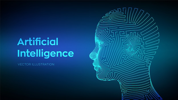 Abstraktes wireframe digitales menschliches Gesicht. Menschlicher Kopf in der Robotercomputerinterpretation.