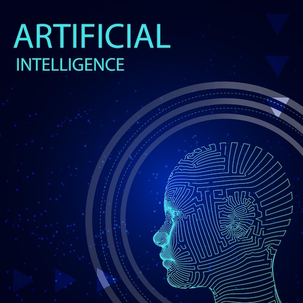 Abstraktes wireframe digitales menschliches gesicht. menschlicher kopf in der robotercomputerinterpretation.