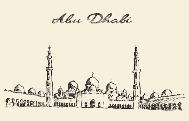 Abu dhabi, scheich-zayid-moschee, illustration mit vintage-gravur, handgezeichnet