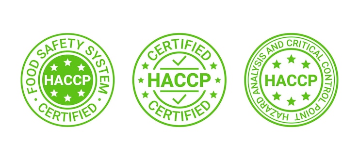 Vektor abzeichen für lebensmittelsicherheitssysteme. haccp-zertifizierter aufkleber. vektor-illustration.