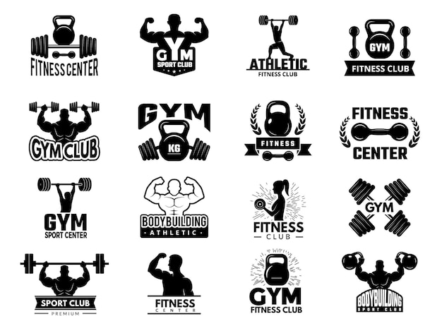 Abzeichen sport. fitness-sport-fitnessstudio logos gesetzt. fitness-studio-emblem, bodybuilding-trainingsabzeichenillustration