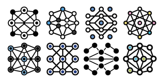 Acht abstrakte neuronale Netzwerkdiagramme, die verschiedene Schichten von verbundenen Knoten in farbenfrohen