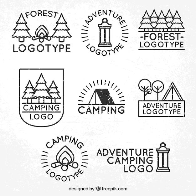 Acht logos von abenteuer und camping im wald