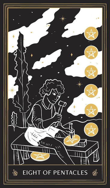 Acht von pentacles tarot card in minor arcana mit schwarzem gold und weißem handgezeichnetem vektordoodle