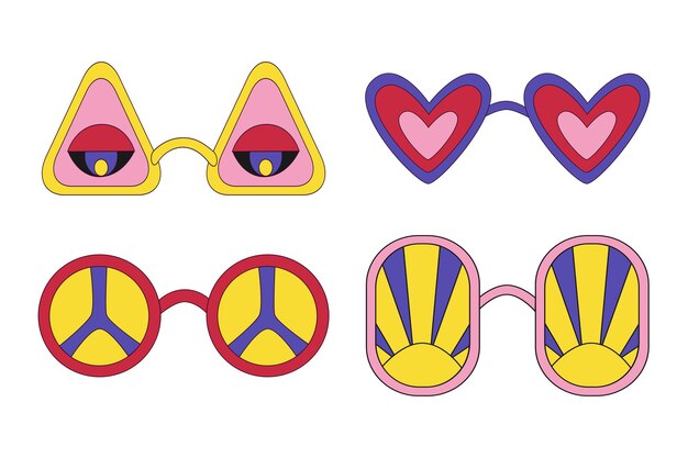 Vektor acid rave y2k sonnenbrillen-set eyes heart peace sun groovy sonnenbrille im retro-hippie-stil