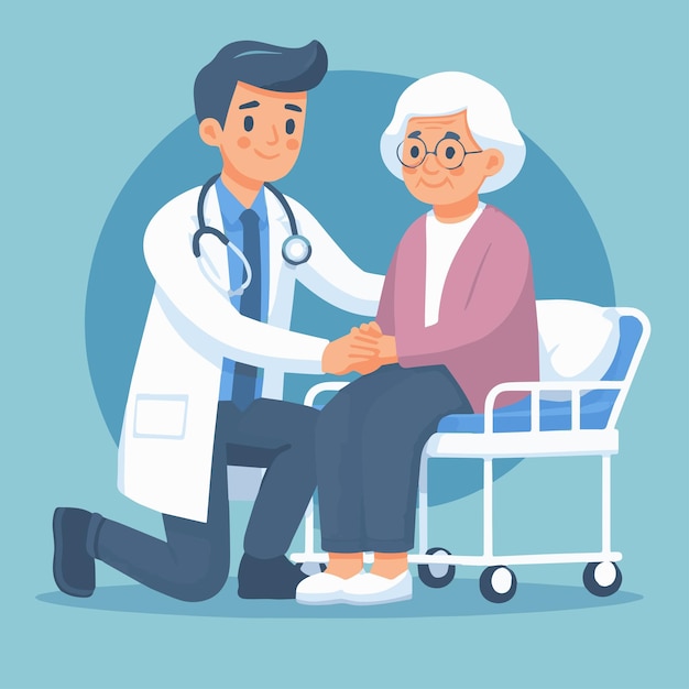 Acts of Care Grandmother and doctor on blue background