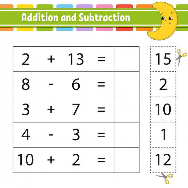 Addition und subtraktion. aufgabe für kinder. arbeitsblatt zur bildungsentwicklung.