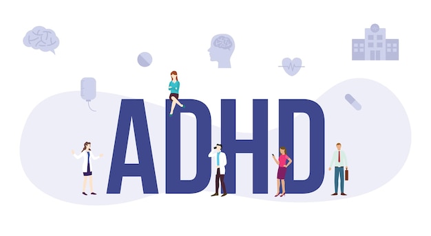 Vektor adhd-krankheitsgesundheitskonzept mit großem wort oder text und menschen mit modernem flachen stil