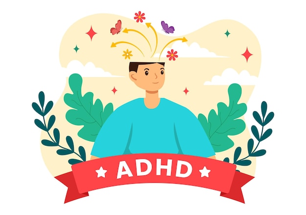 Vektor adhd oder aufmerksamkeitsdefizit-hyperactivitätsstörung illustration mit impulsiven und hyperaktiven kindern