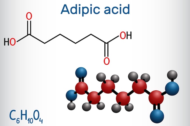 Adipinsäure- oder Hexanedioid-Dicarboxylsäuremolekül Molekülmodell mit struktureller chemischer Formel